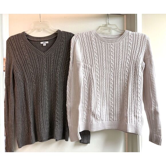 croft & barrow Sweaters - Cable Knit Cotton Nylon Sweater Lot Bundle 2Pc Crew V Neck Pale Pink Dark Gray S